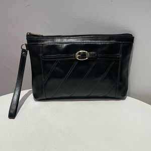 Vintage 70s Black Vegan Leather Wristlet with Gold Tone Hardware